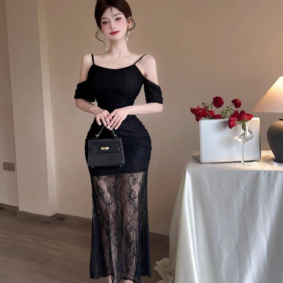 纯欲露背蕾丝吊带洋装女夏季性感白色长裙子褶皱收腰修身包臀裙