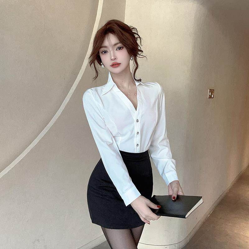 长袖性感领白衬衫职业工作服套装春秋修身显瘦设计感秘书制服