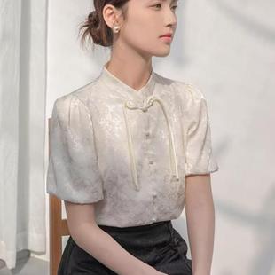 上衣夏 新中式 轻国风立领提衬花短袖 衫 女搭配马面裙气质立领泡泡袖