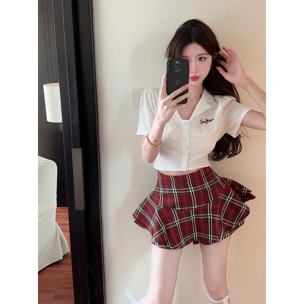 短袖衬衫女夏季2025新款刺绣系带蝴蝶结短款上衣甜辣妹制服套装
