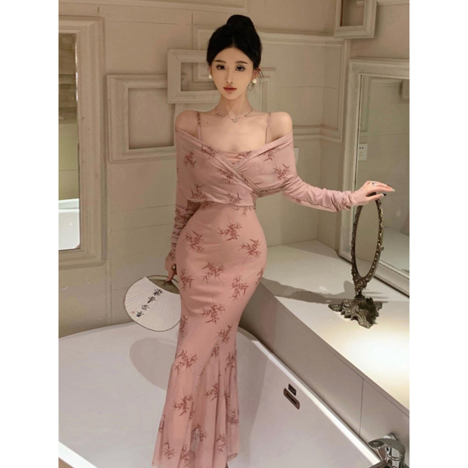 覆古优雅改良印花竹叶网纱开衫上衣+内搭收腰鱼尾吊带连衣裙套装