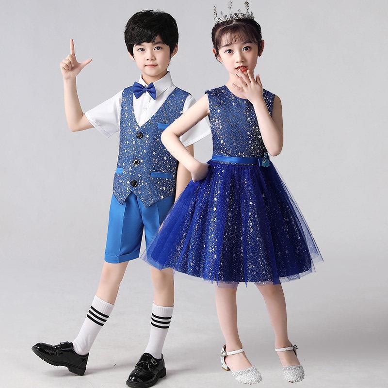 小学生蓝色公主裙合唱演出服幼儿园舞蹈服男女儿童歌唱祖国表演服