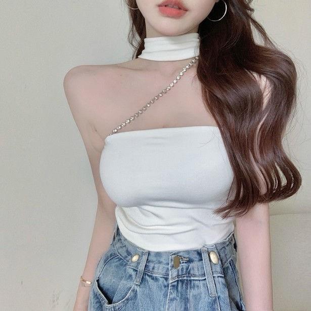直播衣服女主播服装上镜性感一字肩挂脖上衣纯欲辣妹外穿吊带背心