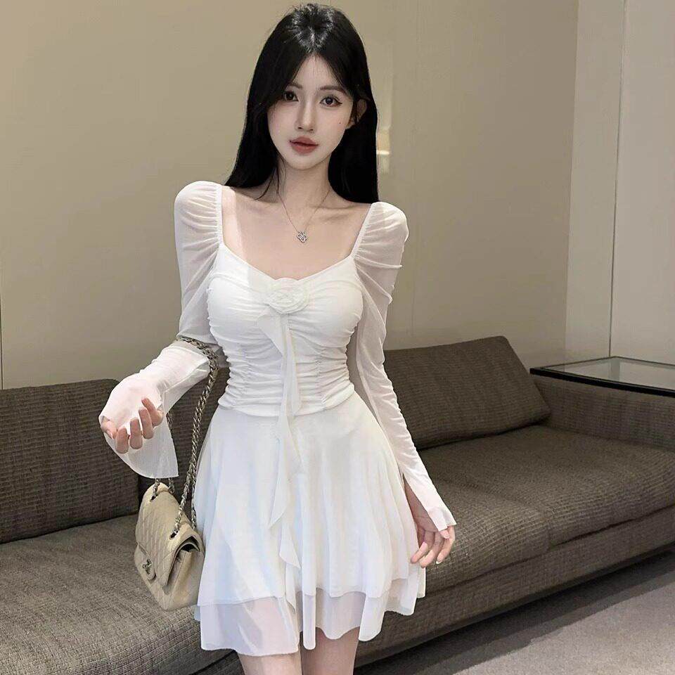 纯欲性感露锁骨领连衣裙喇叭袖高腰修身褶皱显瘦网纱包臀短裙潮