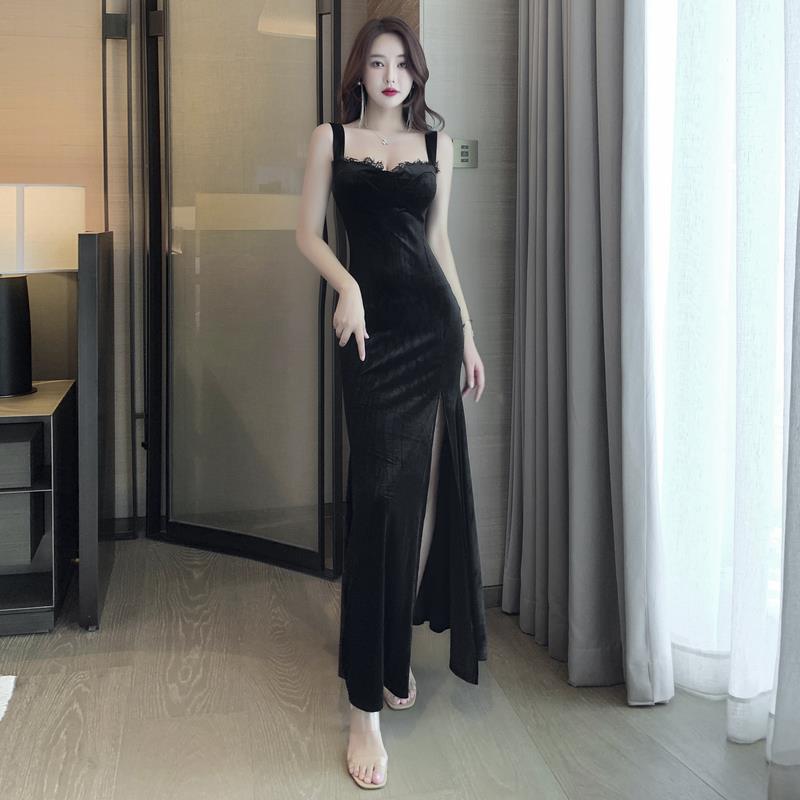 夜场上班衣服桑拿技师工作服礼服长裙到脚踝超长款金丝绒连衣裙女