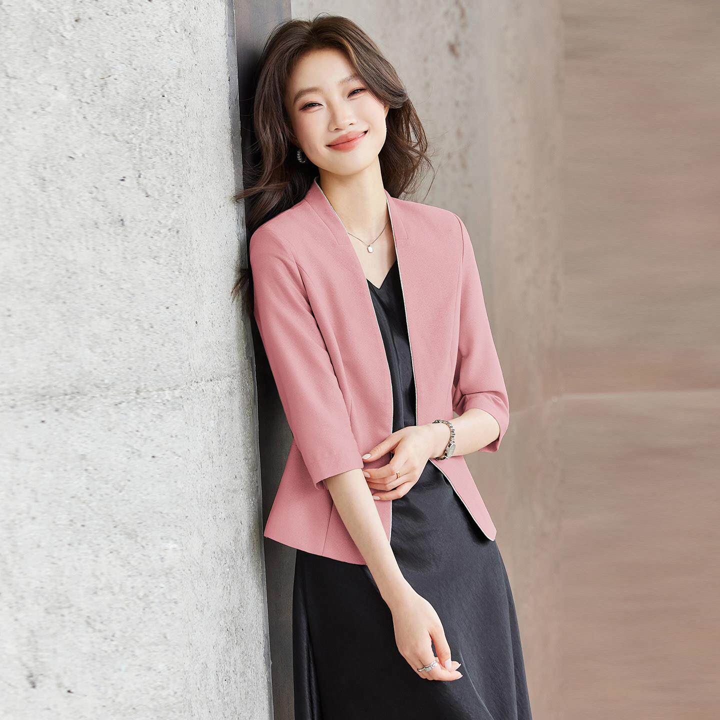 粉色七分袖西装外套女2026新款夏季薄款短款气质职业装西服套装裙
