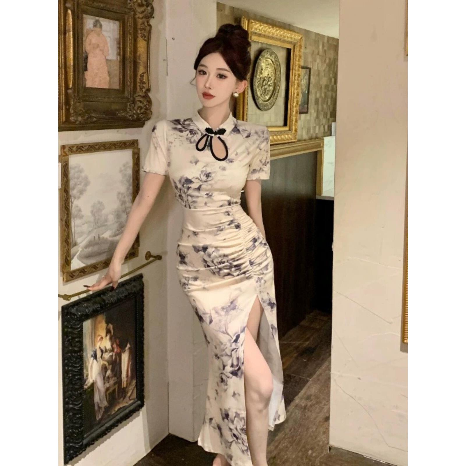 夏装女式短袖旗袍新中国风改良百褶裙修身优雅民族风长裙开叉裙