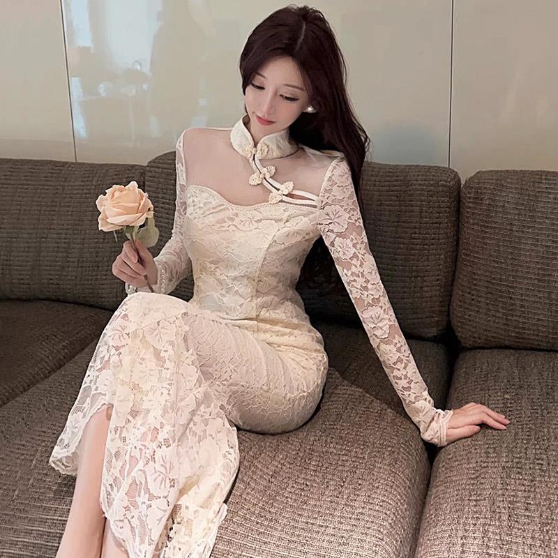 新中式礼服长裙女高级感年会中国风性感网纱蕾丝改良版旗袍洋装