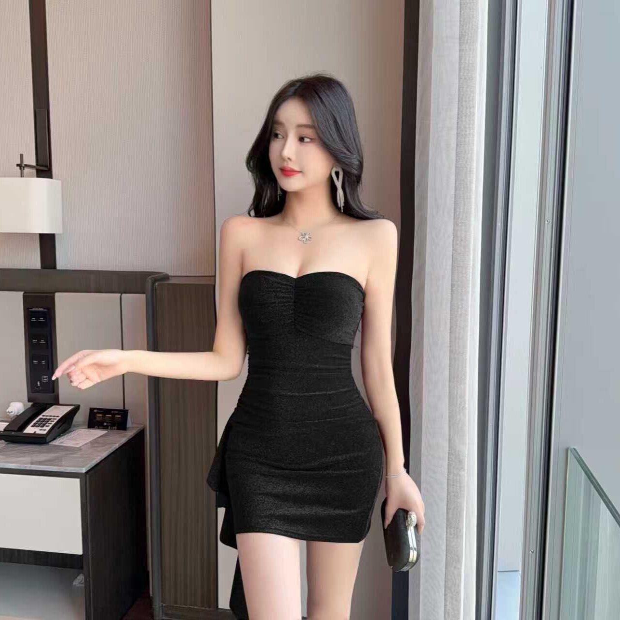 夜场柔式按摩工作服辣妹小个子紧身包臀短裙性感带胸垫抹胸连衣裙