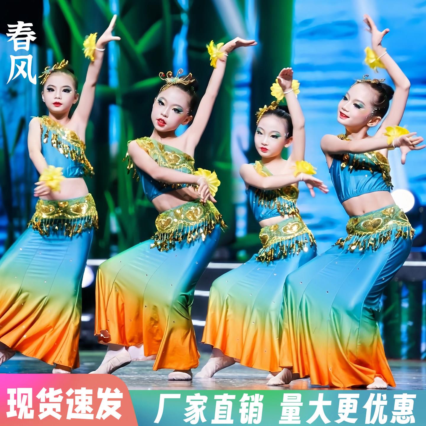 儿童傣族舞蹈演出服孔雀舞练功裙雨竹林春风彩云之南鱼尾民族服装