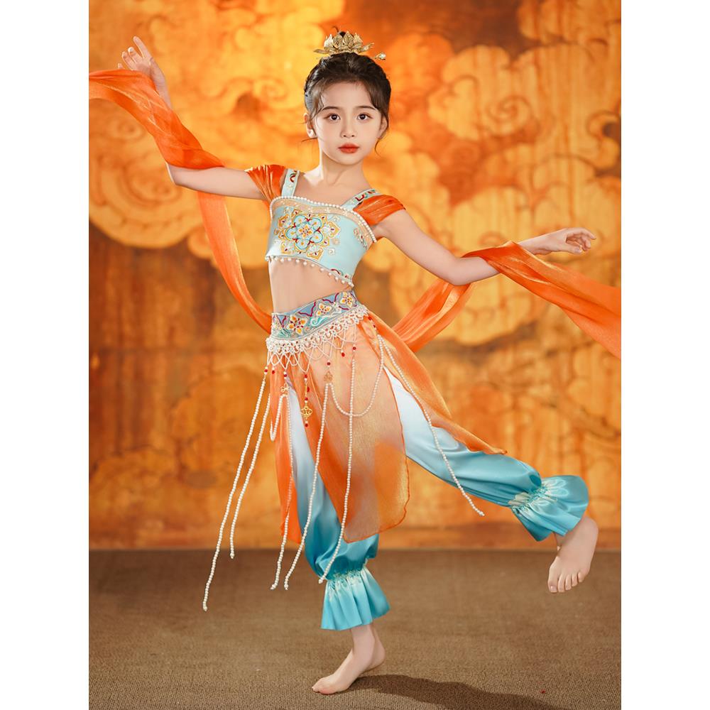 敦煌飞天儿童古典舞反弹琵琶表演服女童飘逸中国风汉服异域演出服