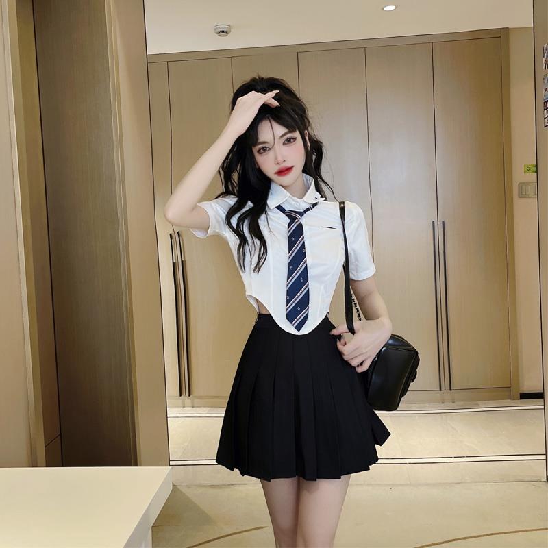 足服浴技师工作服jk套装女夏制白色短袖衬衫女百褶短裙减龄两件套