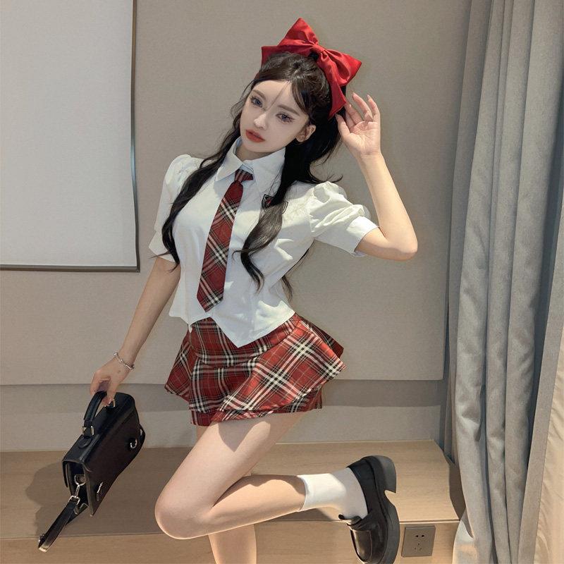 美式学院风西装制服衬衫工作服女性职场可爱甜美的红色格子裙两件
