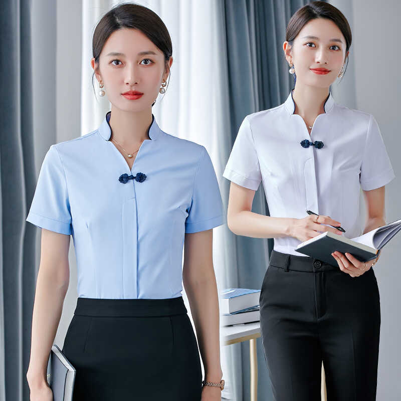 职业短袖领盘扣白色衬衫女夏季酒店前台服务员新中式衬衣工作服