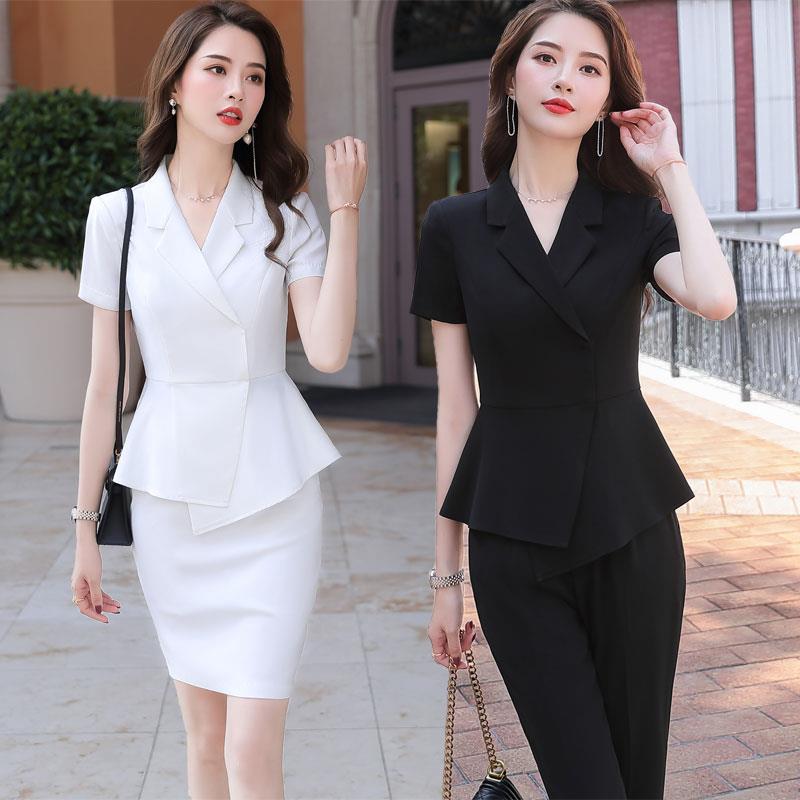 黑色西装套装女气质珠宝店上班服美容院工装前台工作服女夏装短袖