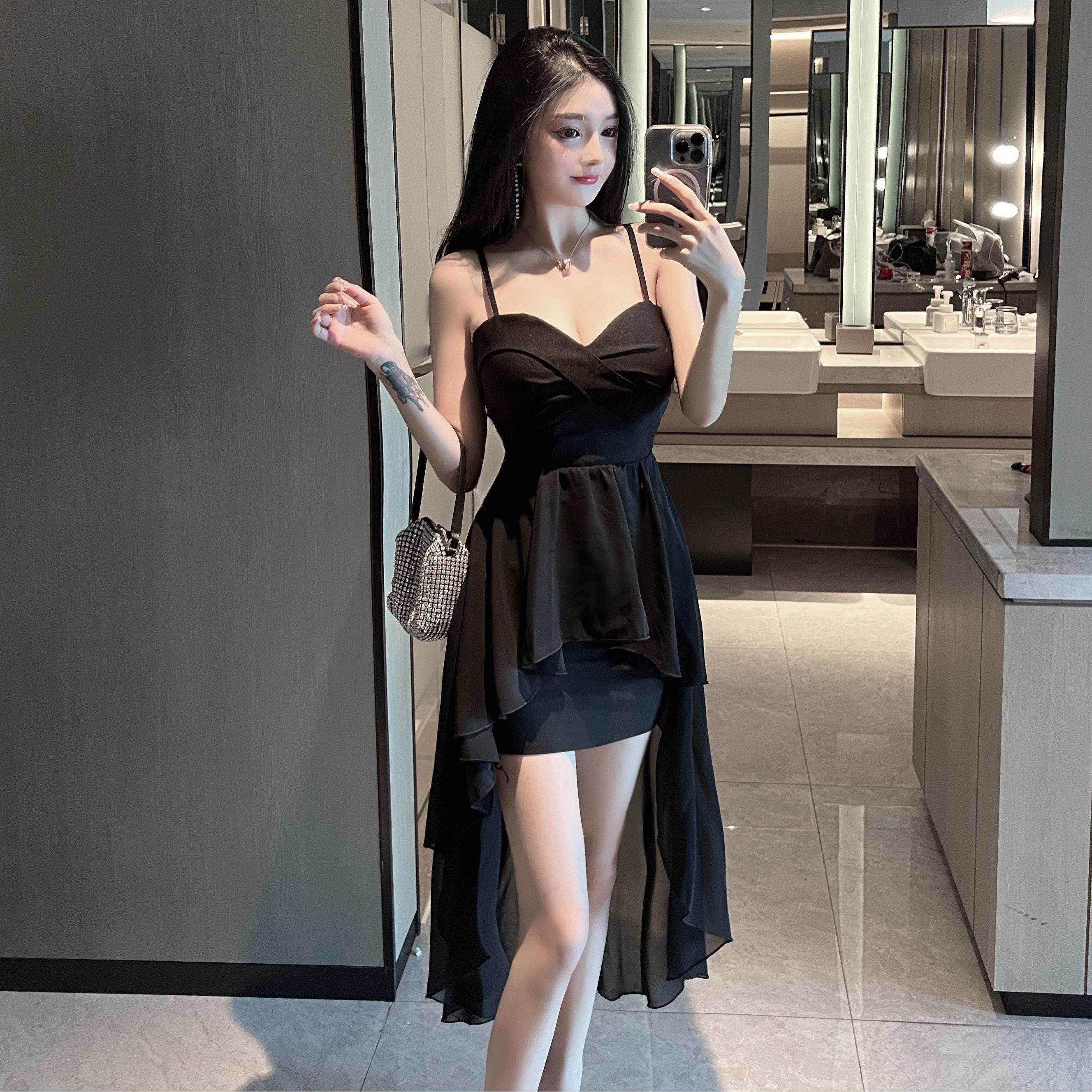 性感低胸吊带不规则网纱连衣裙女夜店足浴按摩桑拿技师会所工作服
