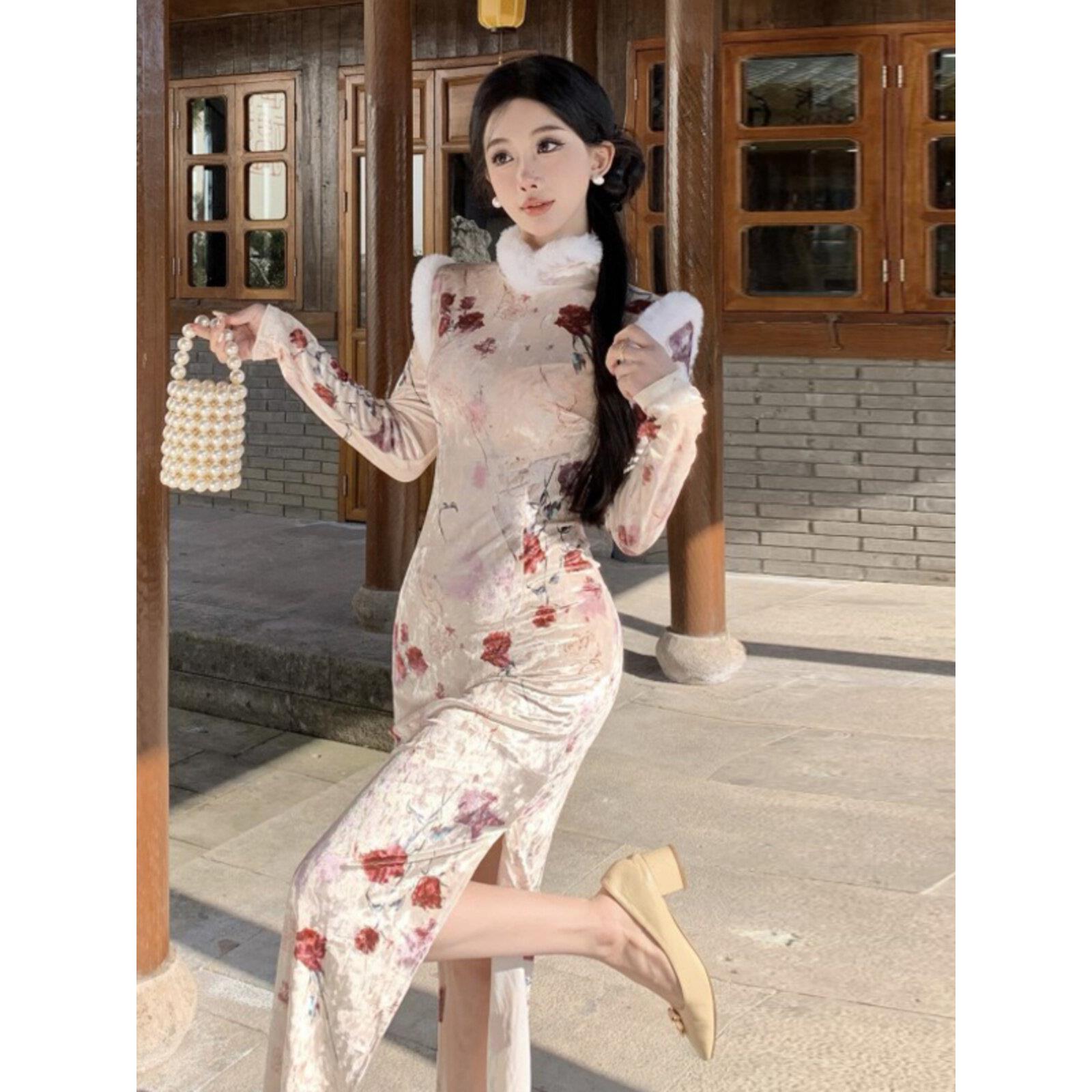 中国风覆古印花金丝绒毛毛领改良版旗袍性感开叉修身包臀连衣裙潮