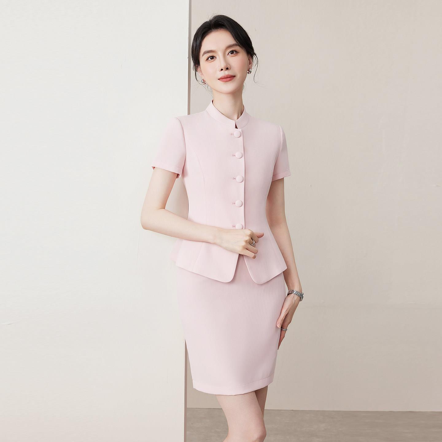 粉色中式立领西装套装女夏薄款短袖美容院酒店前台工作服职业气质