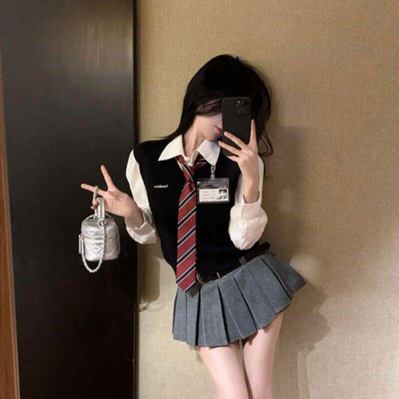 2025冬季新款韩系学院风长袖领带白色衬衫+马甲叠穿背心两件套