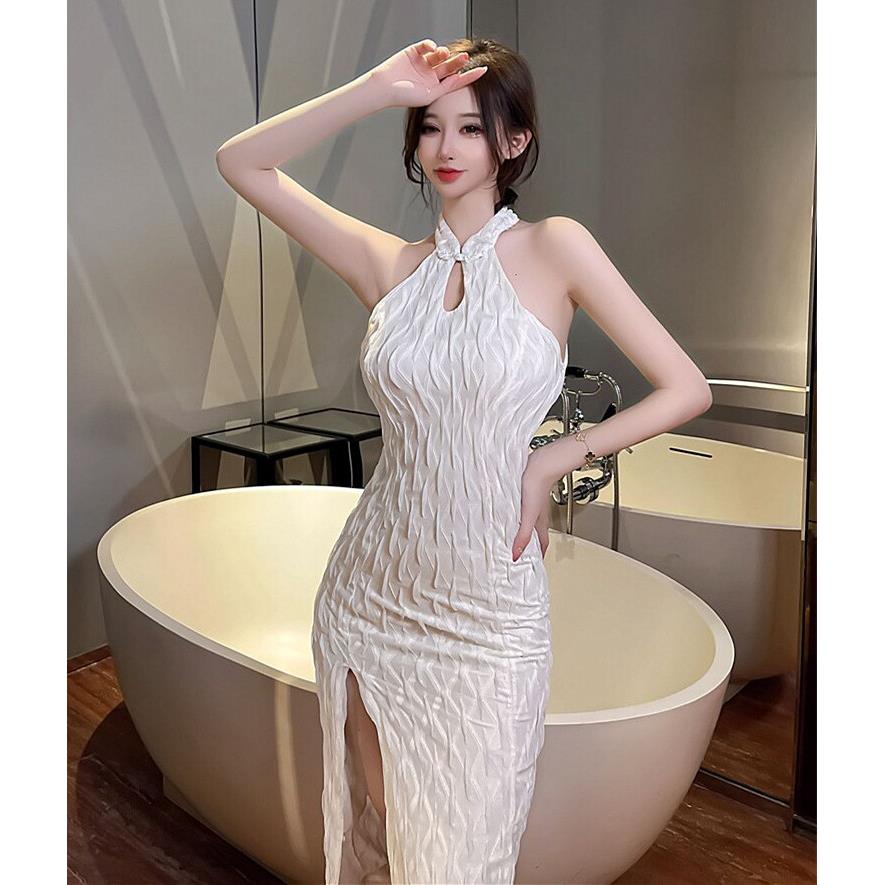夏季改良版旗袍,年轻款,纯色款,束腰,修身性感,盖臀开衩仙裙