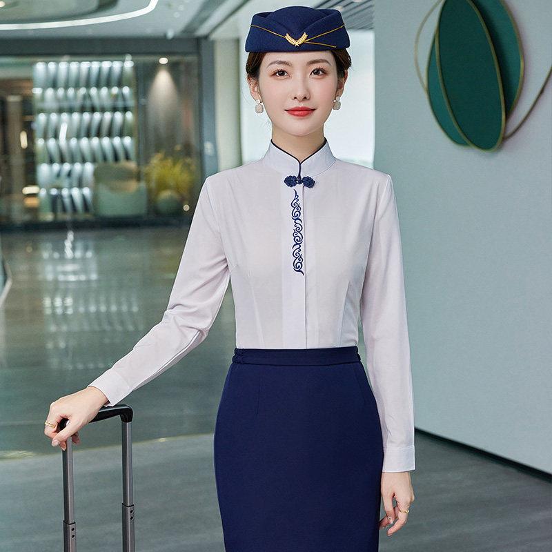 职业衬衫女空姐制服2026新款中国风餐饮美容院前台酒店工作服衬衣