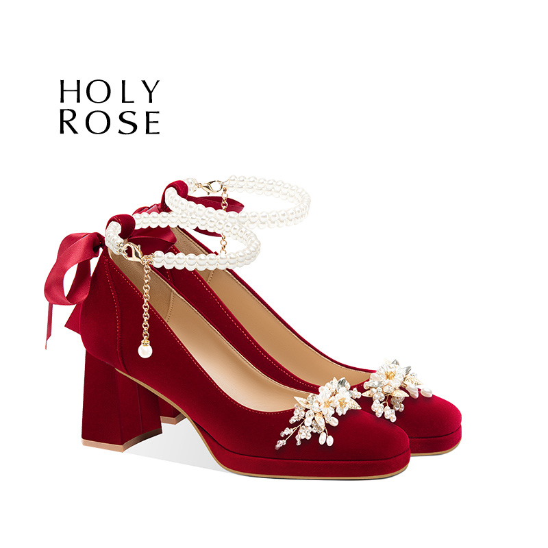HolyRose红色婚鞋新娘鞋禾秀婚纱两穿玛丽珍高跟鞋平时可穿不累脚
