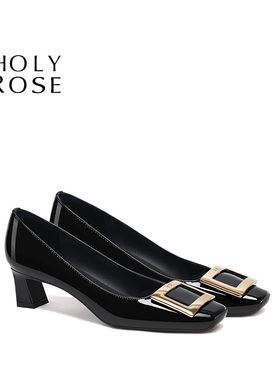 Holy Rose法式2025年新款方扣单鞋女黑色浅口方头粗跟通勤高跟鞋
