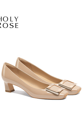 Holy Rose绝美法式裸色方头粗跟单鞋女R方扣V舒适百搭通勤工作鞋