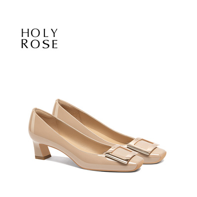 Holy Rose绝美法式裸色方头粗跟单鞋女R方扣V舒适百搭通勤工作鞋