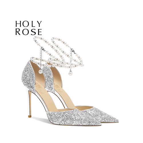 HolyRose银色亮片尖头高跟鞋