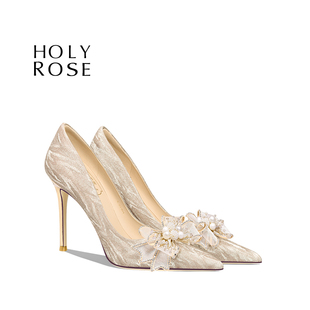 HolyRose【桃落晚晴】绝美水晶鞋法式婚鞋高跟鞋金色蝴蝶结礼服鞋