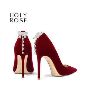 HolyRose【挚爱之约】绒面流苏高跟鞋空气棉酒红色秀禾服婚鞋新娘