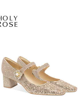 Holy Rose绝美水晶婚鞋2025新款高跟鞋女鞋小个子法式粗跟玛丽珍