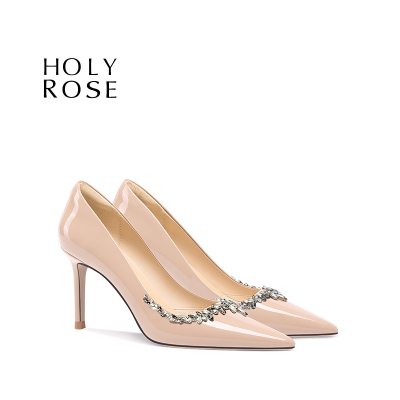 Holy Rose裸色漆皮尖头单鞋女细跟公主风水钻高跟鞋气质百搭女鞋