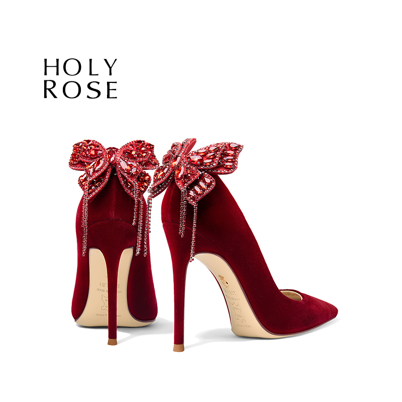 HolyRose红色丝绒新中式婚鞋高跟鞋女秀禾礼服新娘鞋蝴蝶流苏单鞋