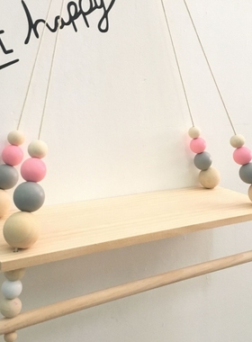 Wooden Beads Wall Hanging Shelf Swing Rope Floating Shelves