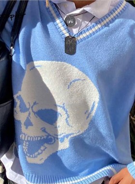 Rapcopter Sweaters Skulls Pullovers V Neck Knitwear Loose Ca