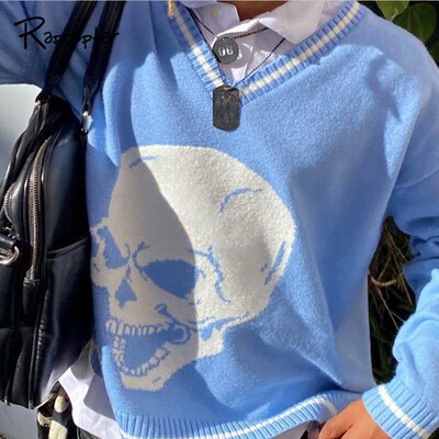 Rapcopter Sweaters Skulls Pullovers V Neck Knitwear Loose Ca