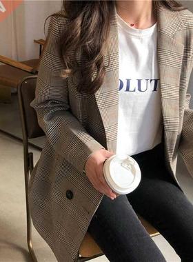 Office Ladies Notched Collar Plaid Women Blazer Double Breas