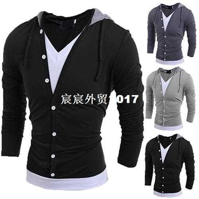 Fashion Mens V Neck Long Sleeve Hooded T-Shirt Buttons Casu