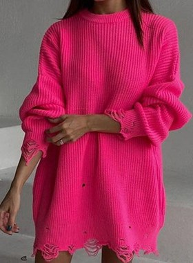 Women's Winter Knit Sweater O-Neck Oversized Loose Hollo