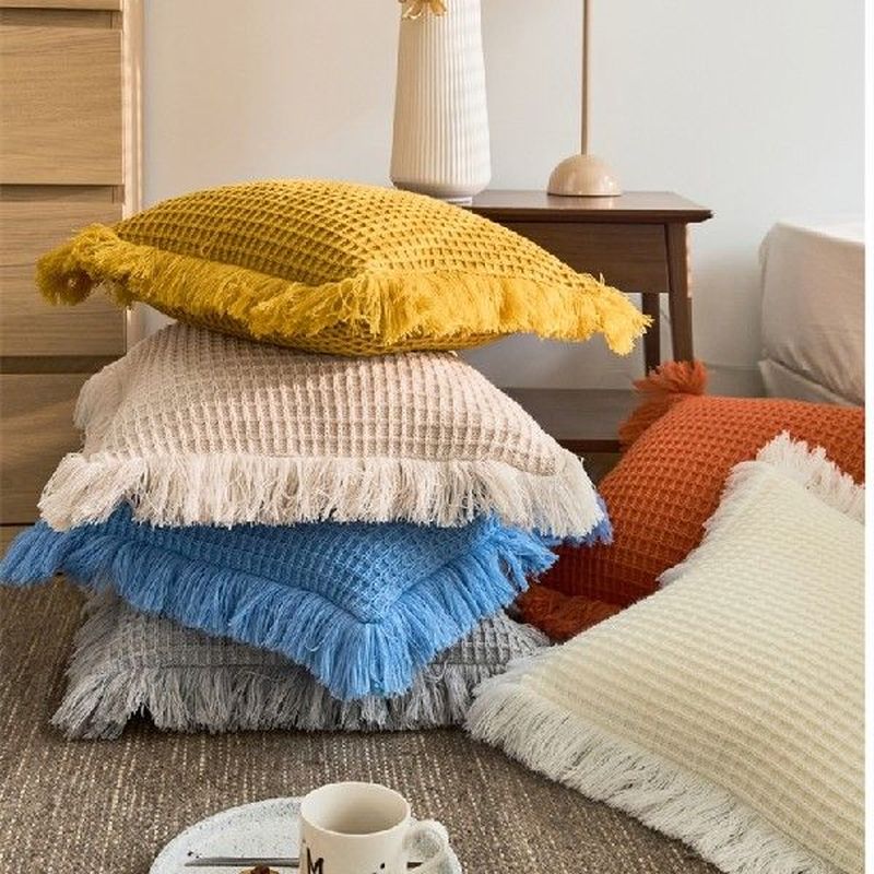 tassel fringes cushion cover acrylic waffle pattern throw