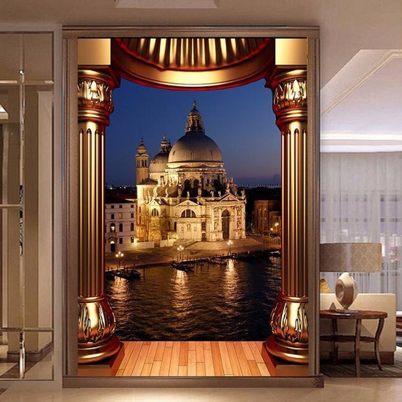 Custom 3D Photo Wallpaper European Style Castle Night View