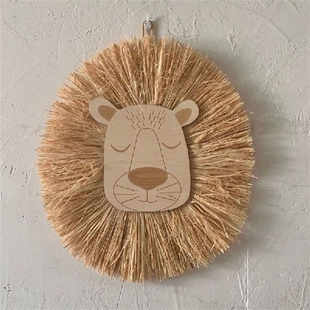 Nordic Nursery Decor Handmade Wood Straw Woven Cartoon Lion