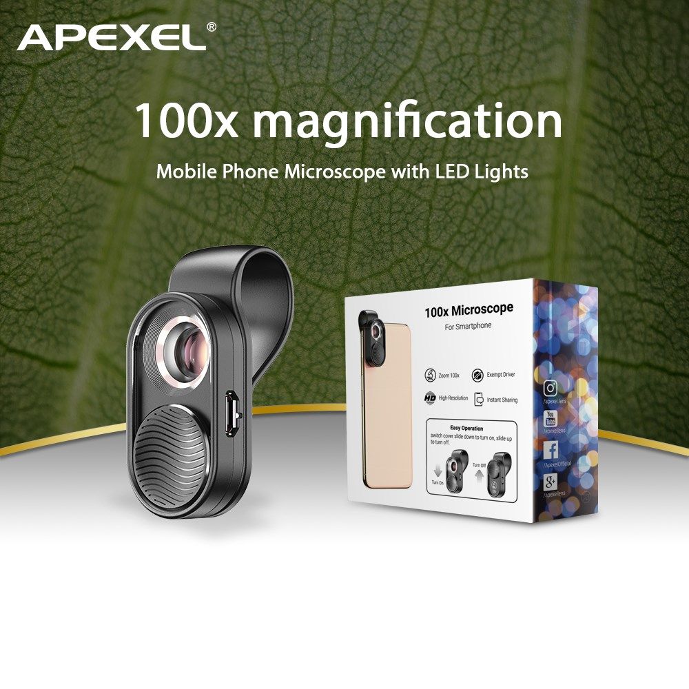 apexel 100x mobile phone microscope micro lens led light poc