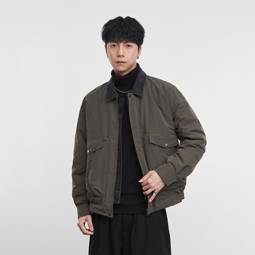 巴恩风翻领假两件羽绒外套羽绒服