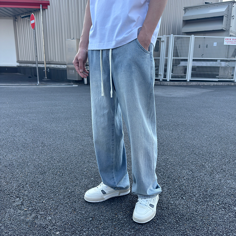 复古浅蓝垂感牛仔裤男宽松直筒裤