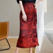 国潮旗袍盘扣高腰开叉一步裙女醋酸缎面提花中长款 夏季 新品 半身裙