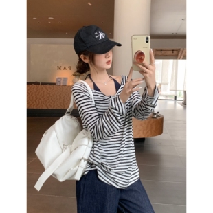 黑白条纹撞色一字领长袖女2026秋季新款慵懒打底露肩宽松T恤上衣