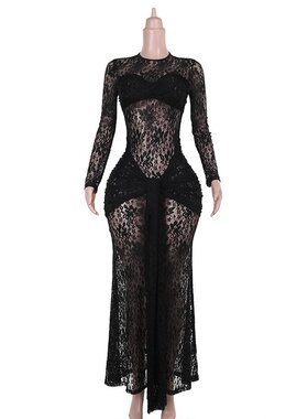 YJ24516秋季2024新款包臀裙 欧美风气质性感微透修身蕾丝连衣裙女